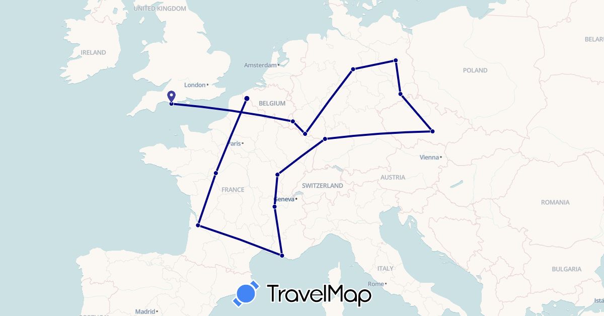 TravelMap itinerary: driving in Belgium, Czech Republic, Germany, France, United Kingdom, Luxembourg (Europe)